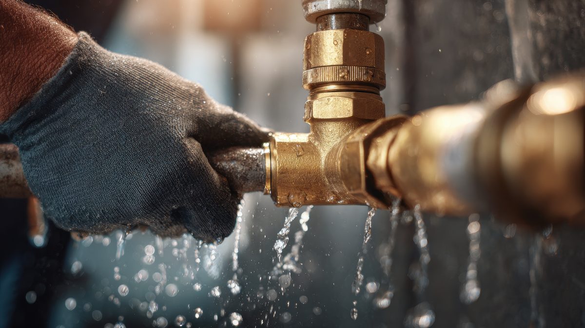 Hand in glove turning brass valve with water freezing mid-stream