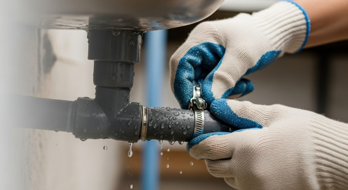 Gloved hands tightening a pipe clamp on wet plumbing fixtures under a sink