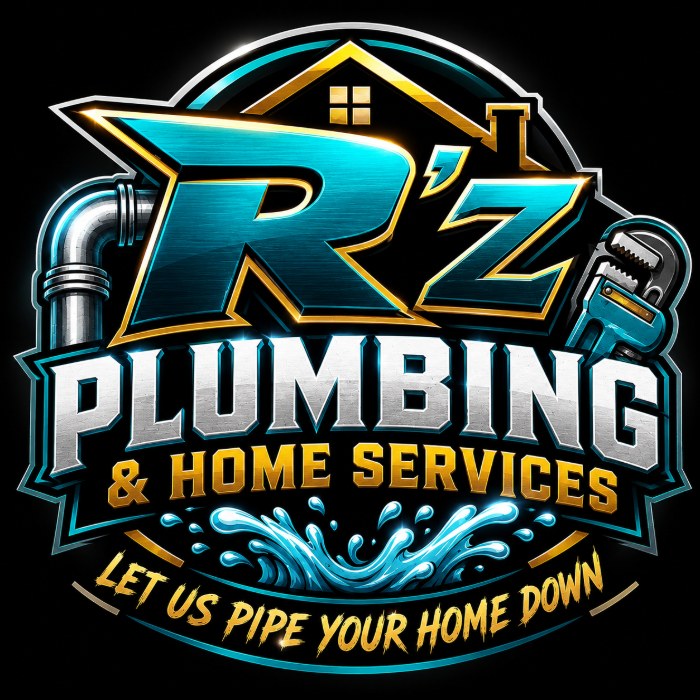 RZ Plumbing & Home Services logo with house roof, pipes, wrench, and water splash graphic
