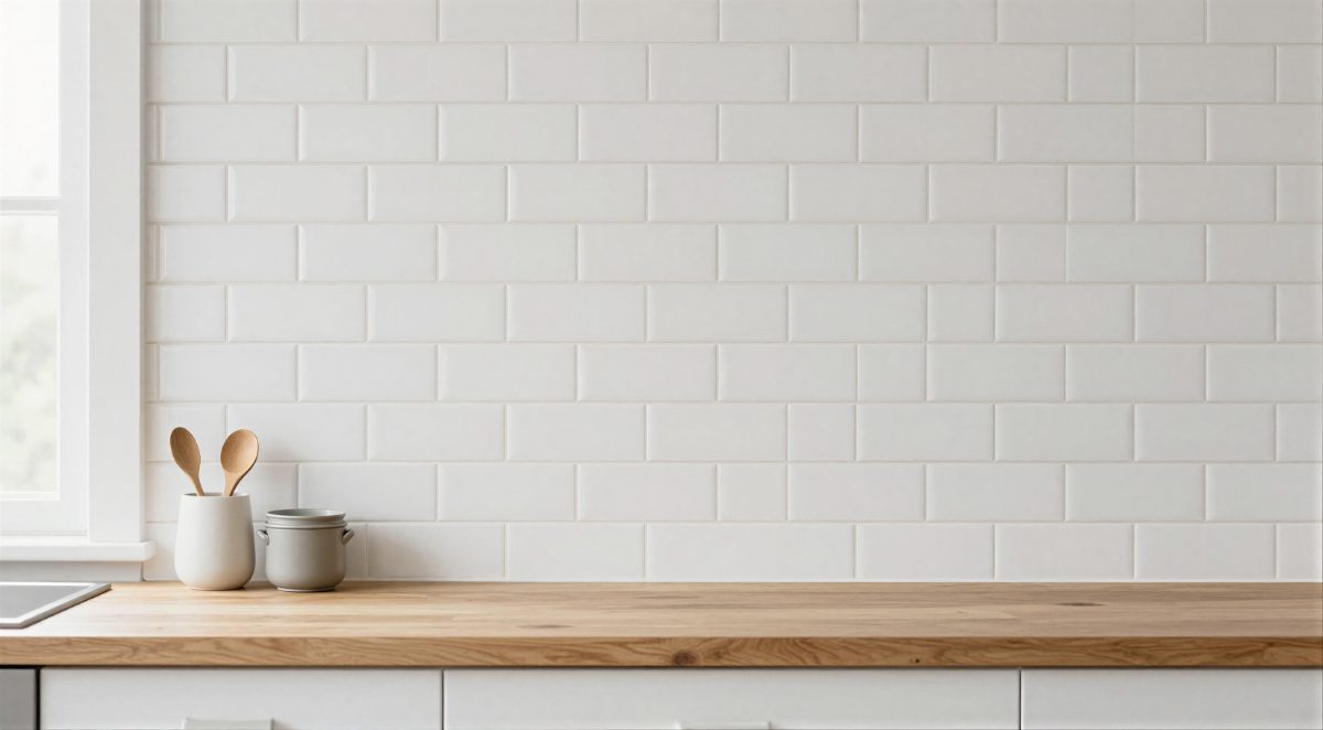 Modern kitchen countertop with white subway tile backsplash, wooden counter, and ceramic containers with wooden spoons