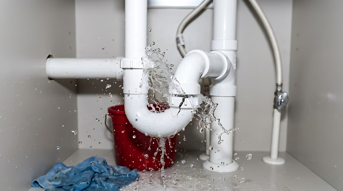 Water spraying from burst pipe under sink with bucket catching water